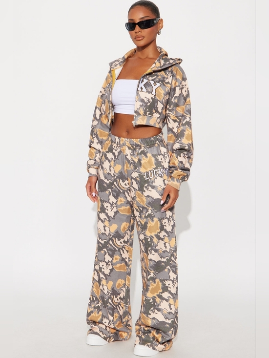 Fashion Nova Pants - Fashion Nova Gray and Mustard Camo Wide-Leg Pants